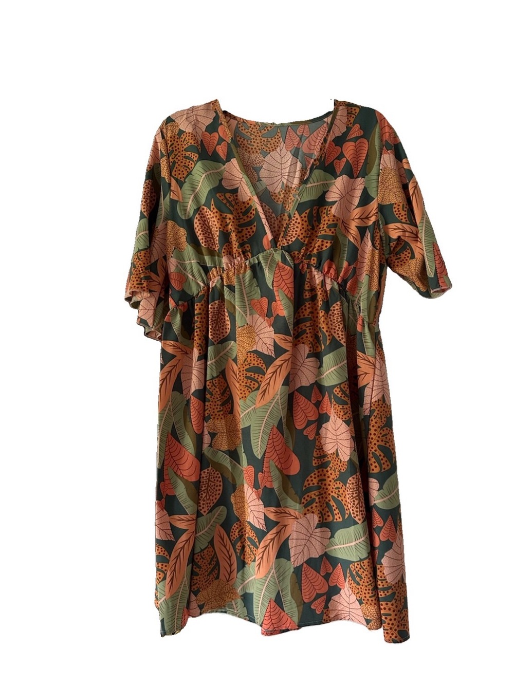 SHEIN Green Tropical Print V-Neck Midi Dress with Coral and Tan Leaves